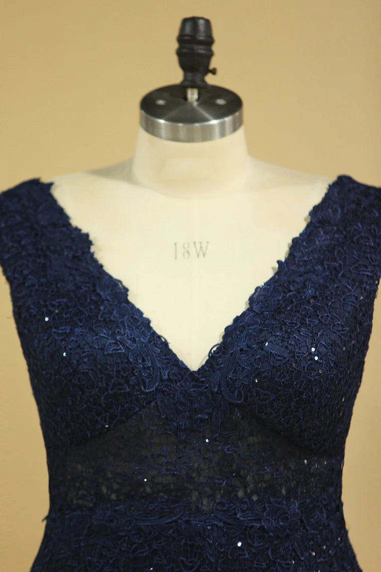 V Neck Party Dresses Sheath Lace Deep V Back Sweep Train Plus Size